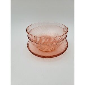 2 Vintage Arcoroc France Rosaline Pink Swirl Glass Berry Bowl & 2 Saucers